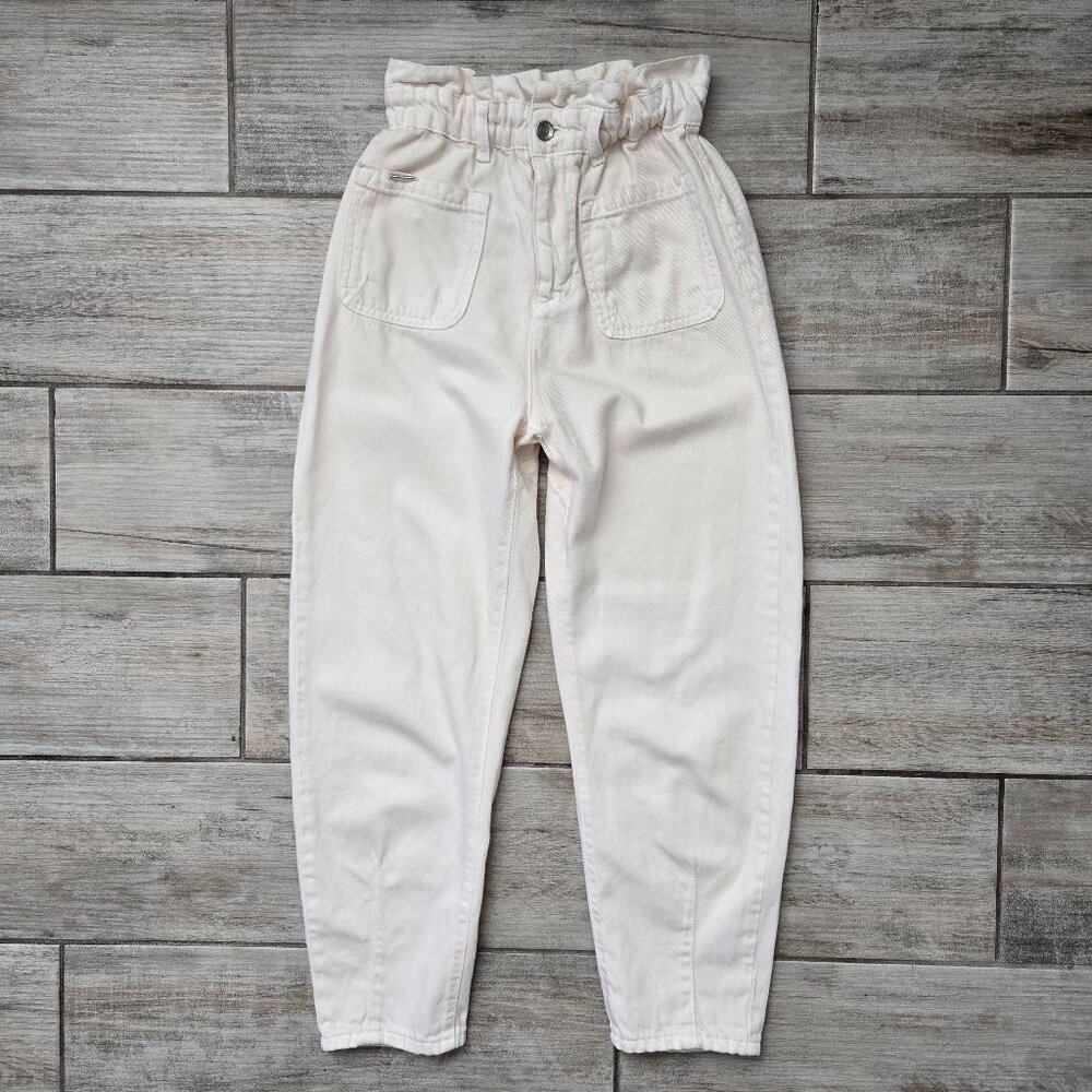Zara Paper Bag Baggy Barrel Pants Women Cream‎ High Rise Scrunch Waist 4